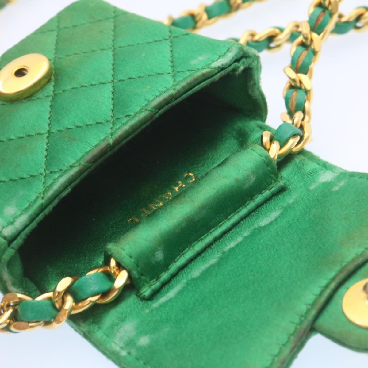 CHANEL Mini Matelasse Chain Pouch Shoulder Bag Satin Green Gold CC Auth jk783A
