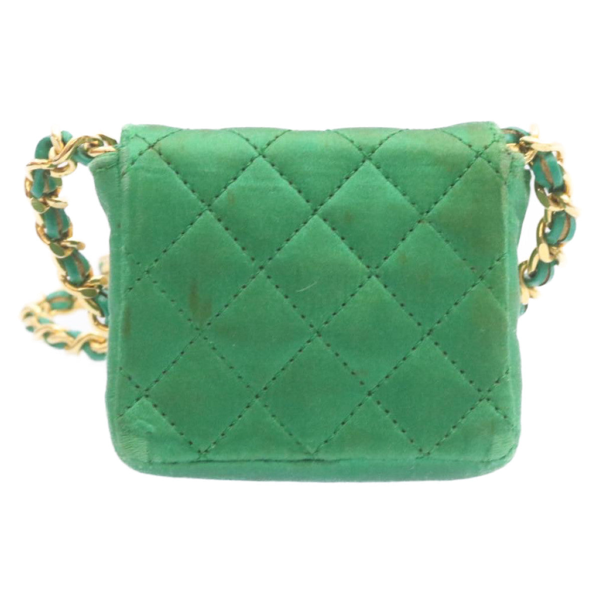 CHANEL Mini Matelasse Chain Pouch Shoulder Bag Satin Green Gold CC Auth jk783A - 0