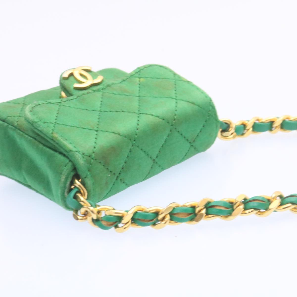 CHANEL Mini Matelasse Chain Pouch Shoulder Bag Satin Green Gold CC Auth jk783A