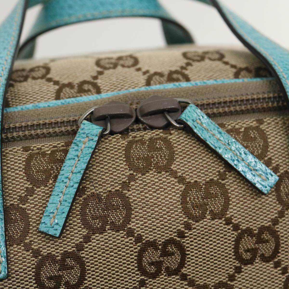 GUCCI GG Canvas Hand Bag Turquoise Blue Brown Auth ki1827