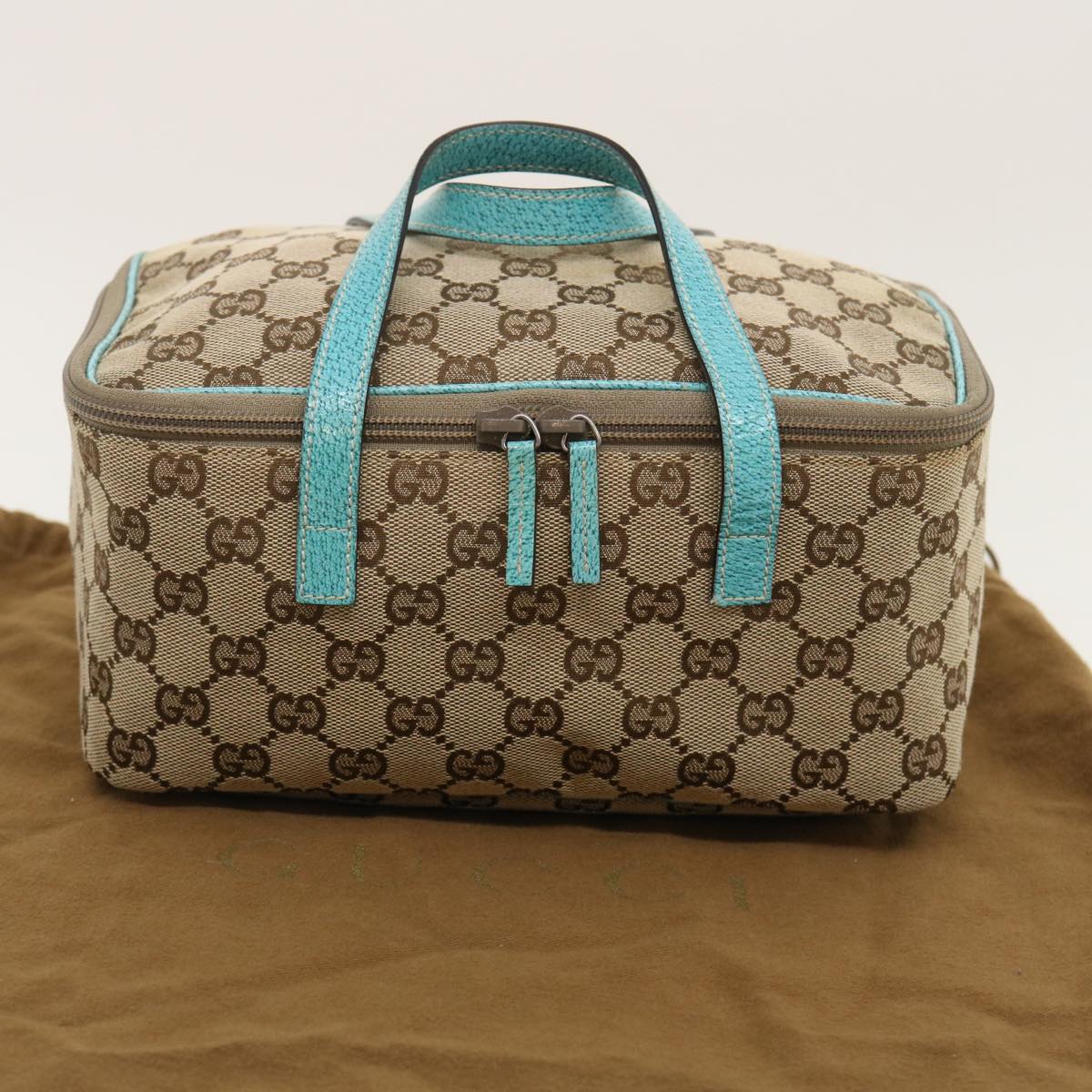 GUCCI GG Canvas Hand Bag Turquoise Blue Brown Auth ki1827