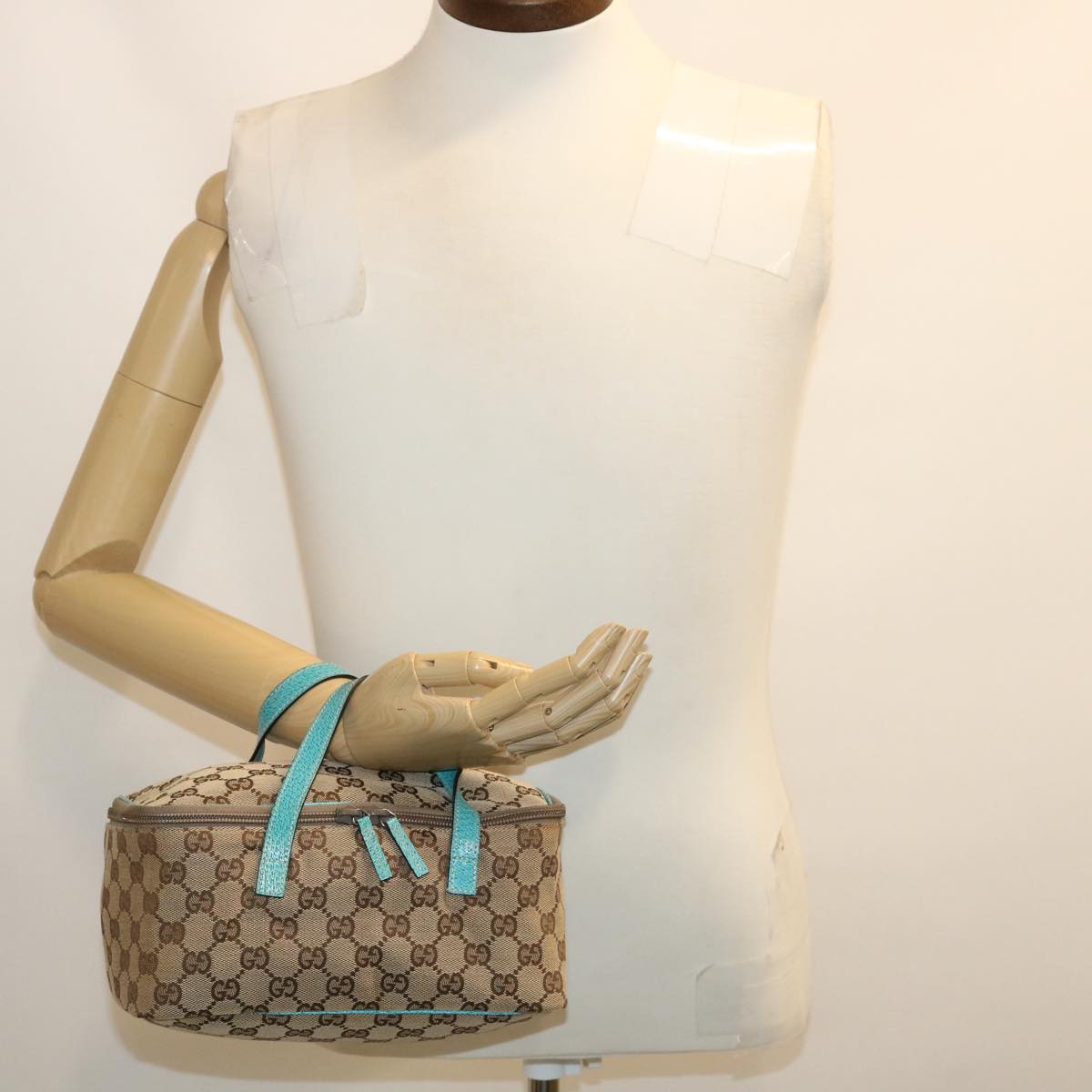 GUCCI GG Canvas Hand Bag Turquoise Blue Brown Auth ki1827