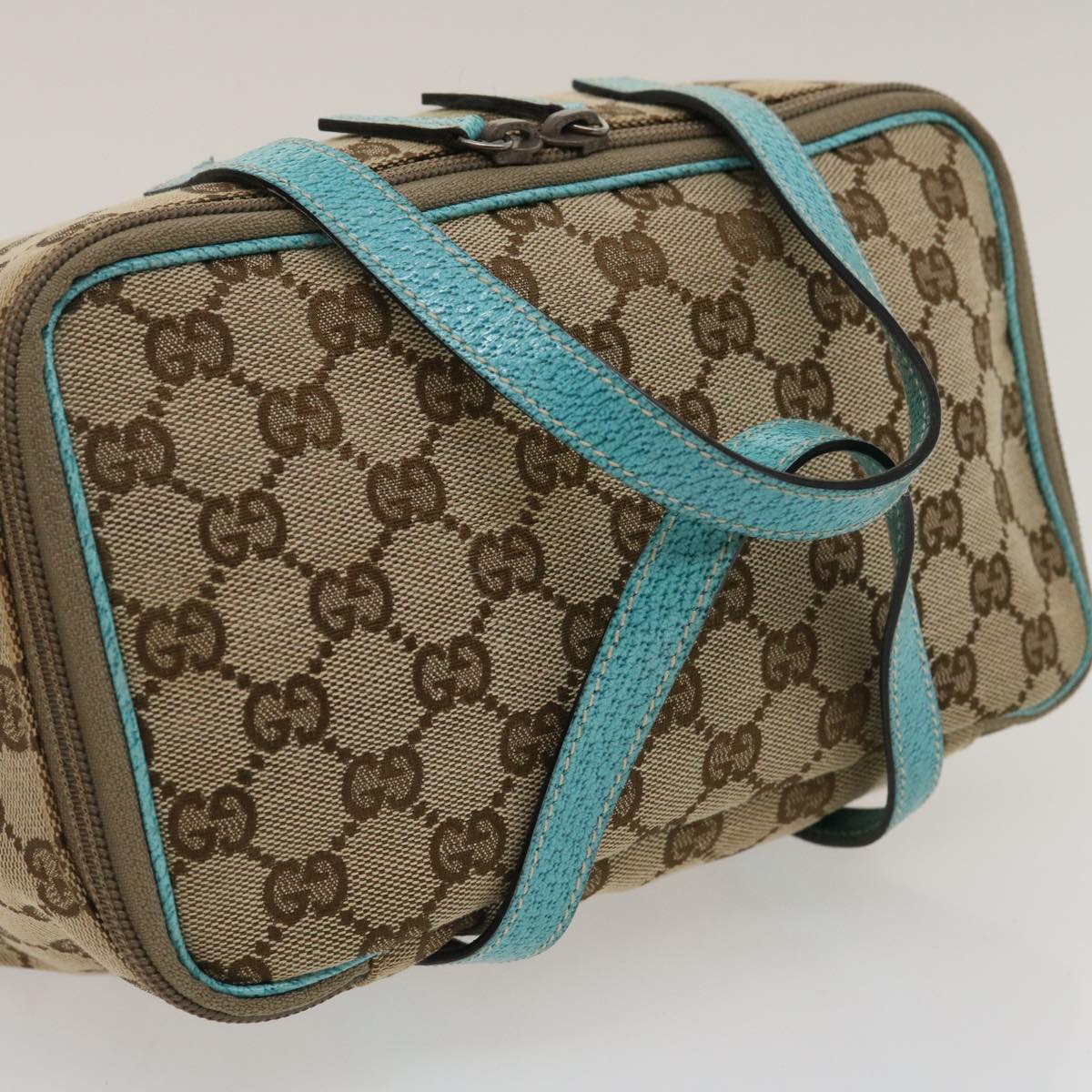 GUCCI GG Canvas Hand Bag Turquoise Blue Brown Auth ki1827