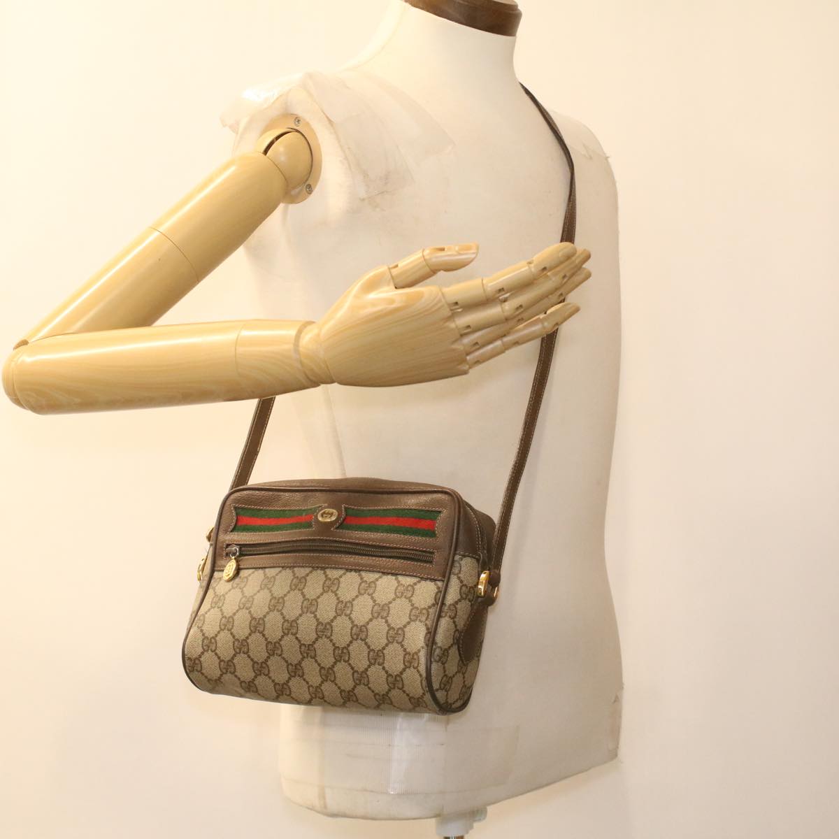 GUCCI GG Canvas Web Sherry Line Shoulder Bag Beige Red 119.02.087 Auth ki2741