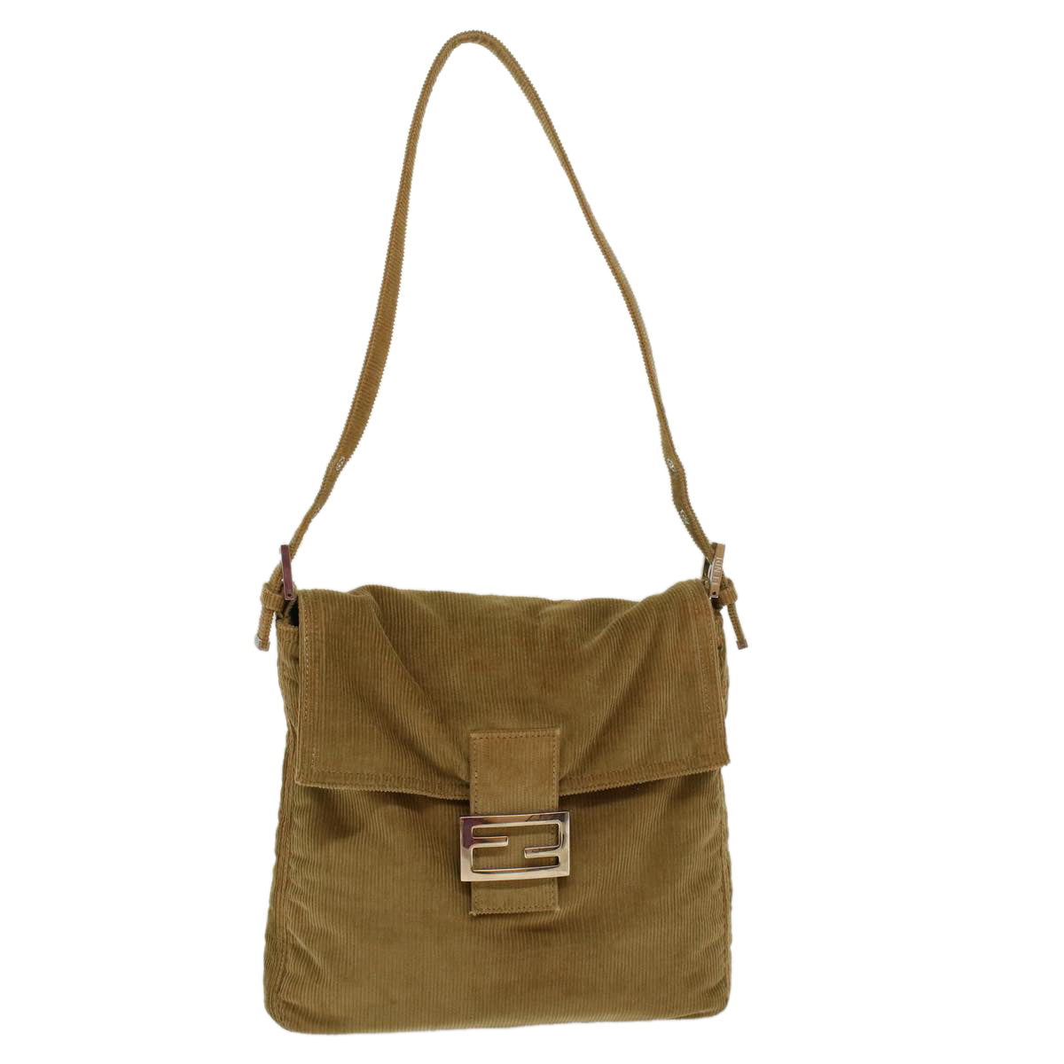 FENDI Mamma Baguette Shoulder Bag Corduroy Khaki Auth ki2956