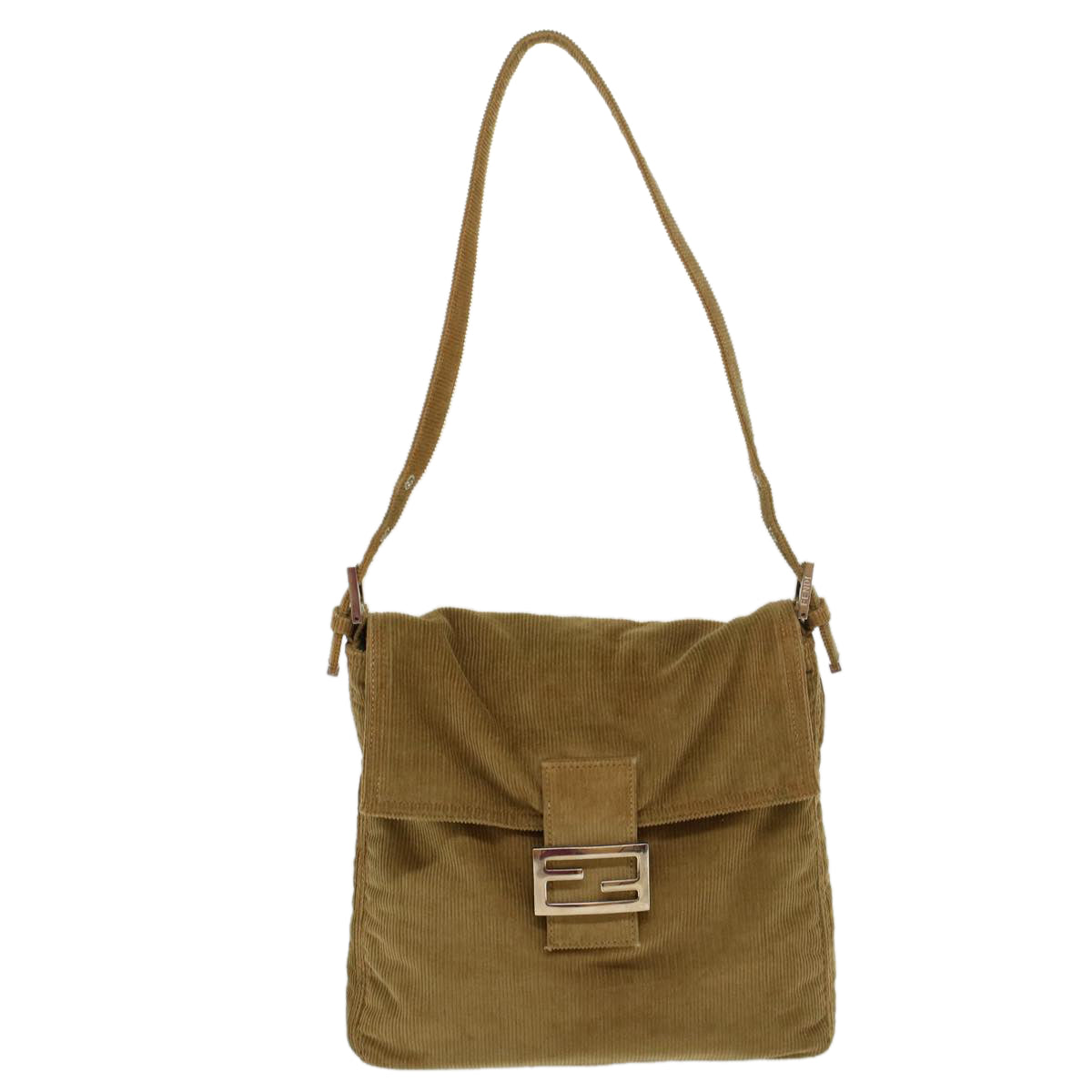 FENDI Mamma Baguette Shoulder Bag Corduroy Khaki Auth ki2956