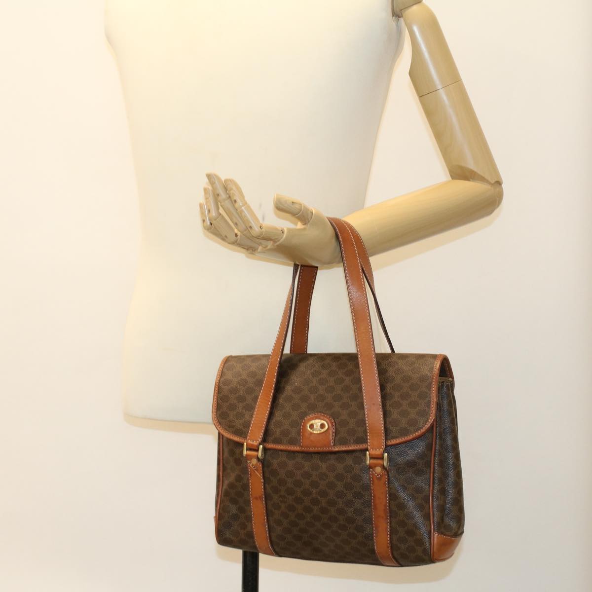 CELINE Macadam Canvas Hand Bag PVC Leather Brown Auth ki2991