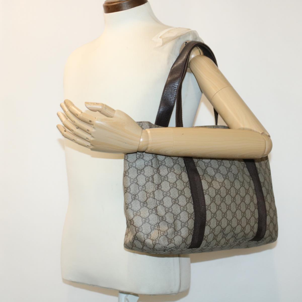 GUCCI GG Canvas Tote Bag PVC Leather Beige 141624 Auth ki3005