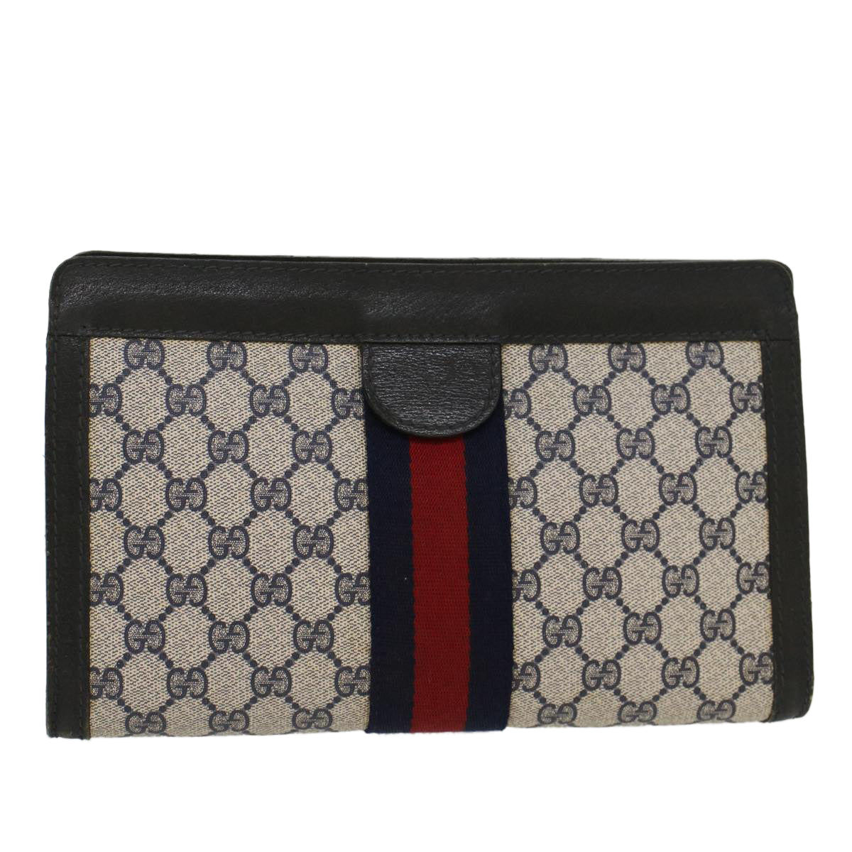 GUCCI GG Canvas Sherry Line Clutch Bag Gray Red Navy 64.014.2125.28 Auth ki3048