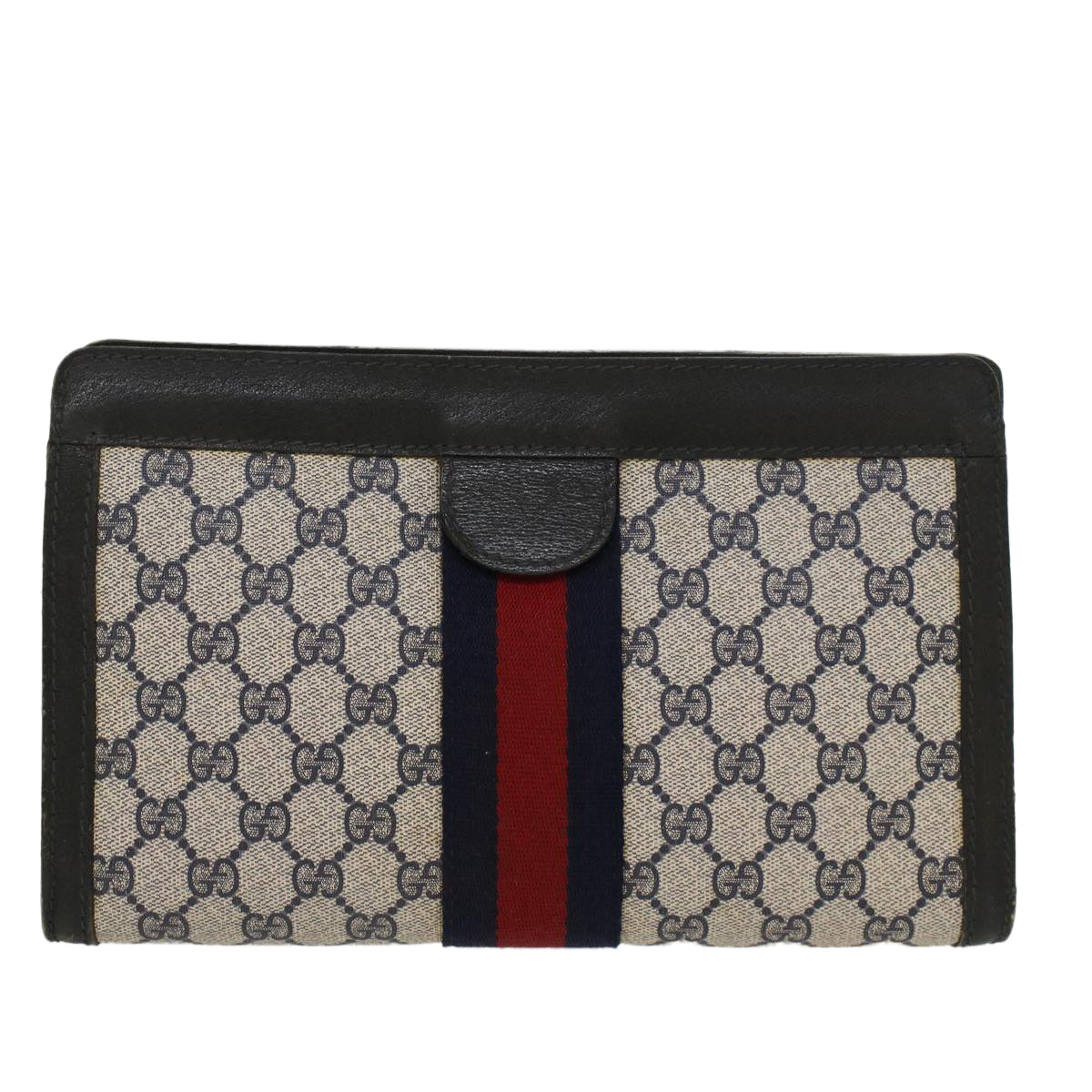 GUCCI GG Canvas Sherry Line Clutch Bag Gray Red Navy 64.014.2125.28 Auth ki3048