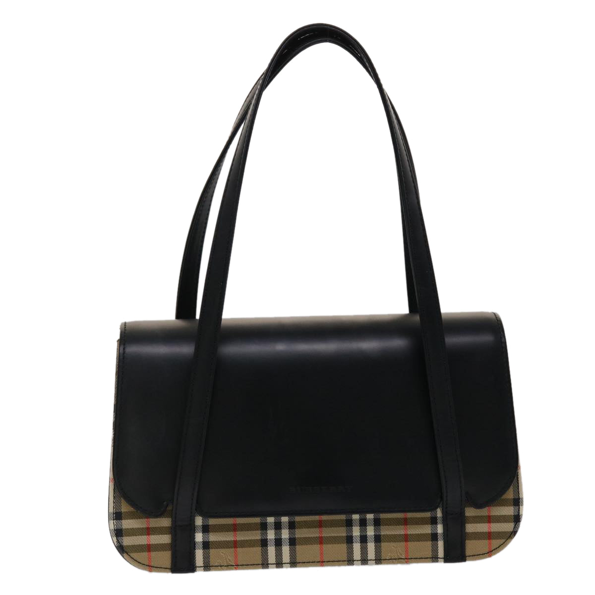 BURBERRY Nova Check Hand Bag Leather Canvas Black Beige Auth ki3104