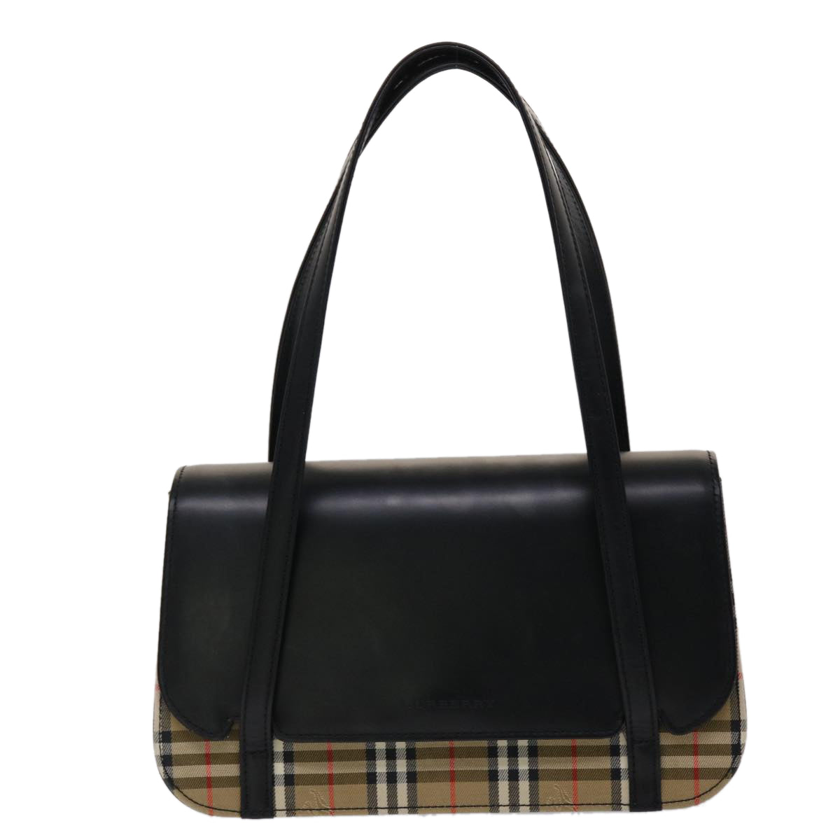 BURBERRY Nova Check Hand Bag Leather Canvas Black Beige Auth ki3104