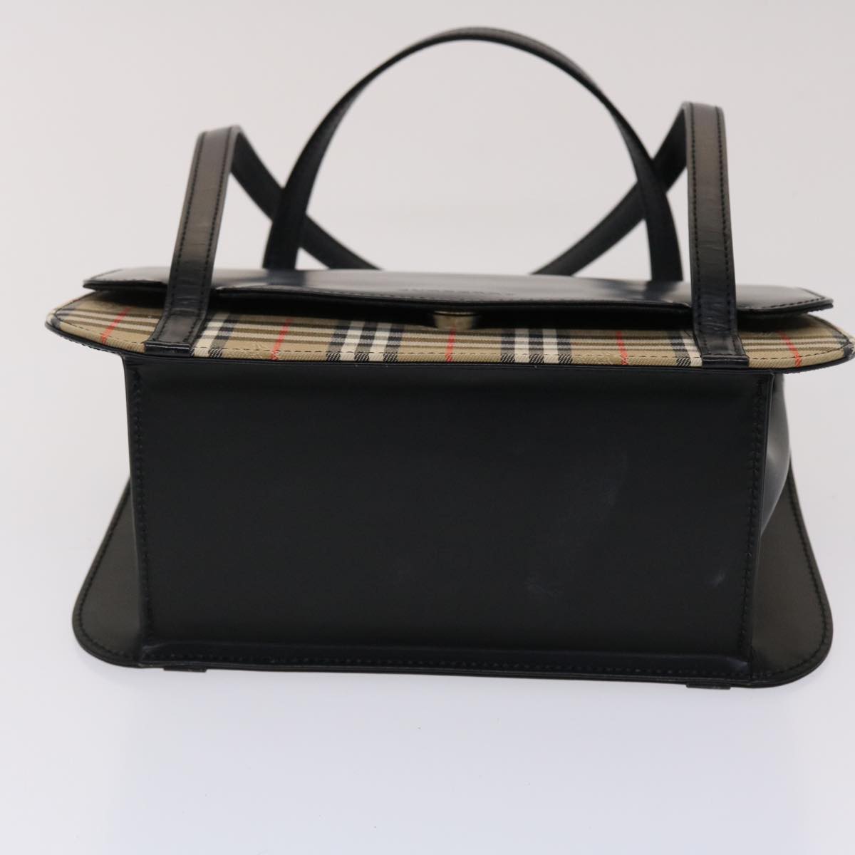 BURBERRY Nova Check Hand Bag Leather Canvas Black Beige Auth ki3104