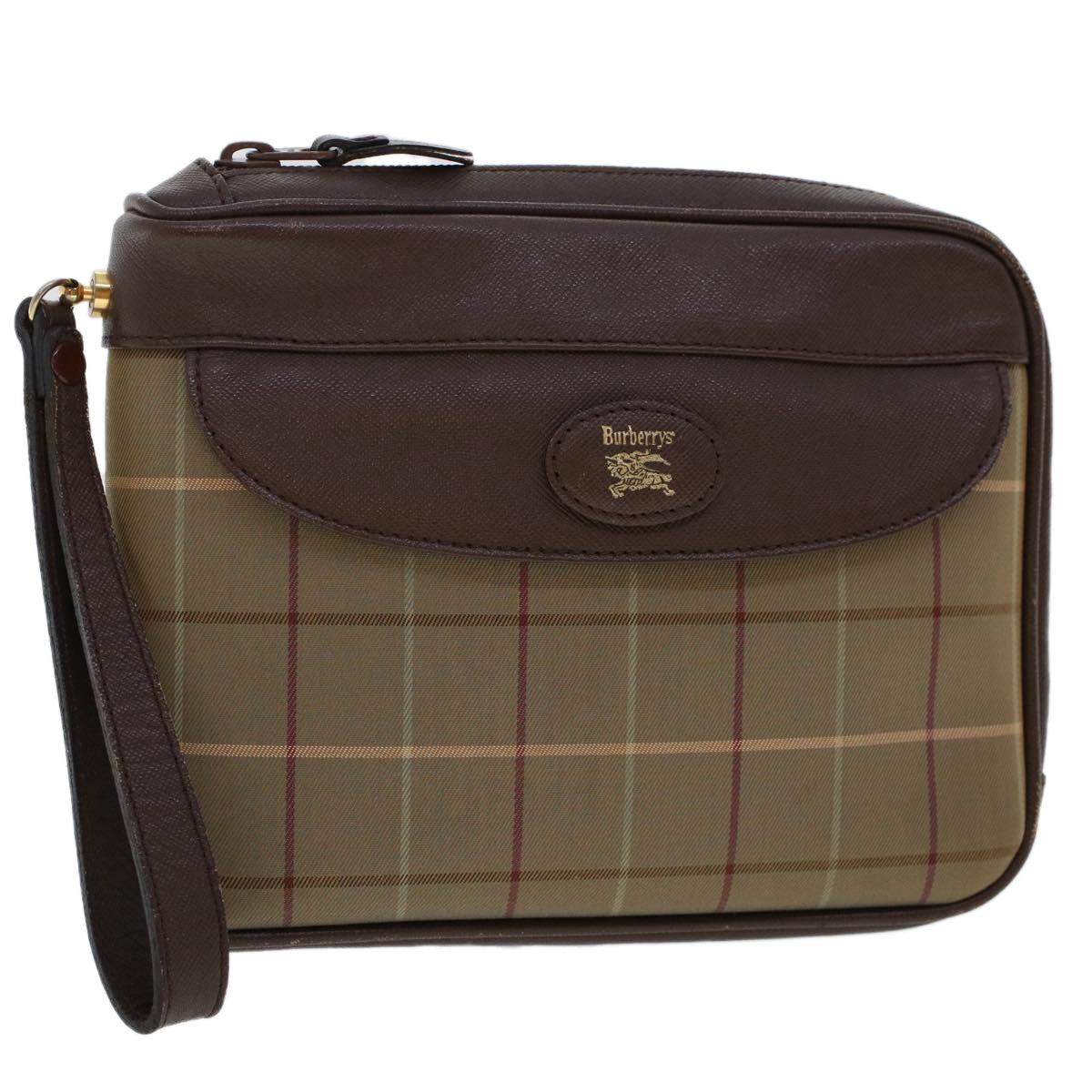 Burberrys Nova Check Clutch Bag Nylon Leather Brown Auth ki3147