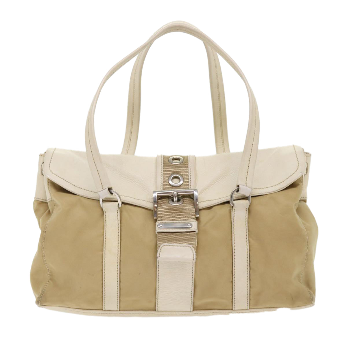 PRADA Hand Bag Nylon Leather Beige Auth ki3154