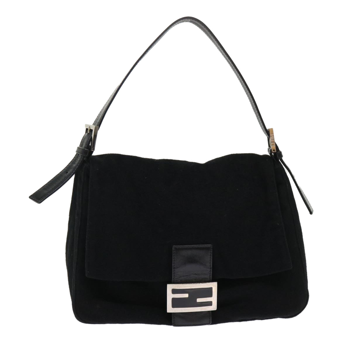 FENDI Mamma Baguette Shoulder Bag Wool Leather Black 2348 26325 093 Auth ki3163