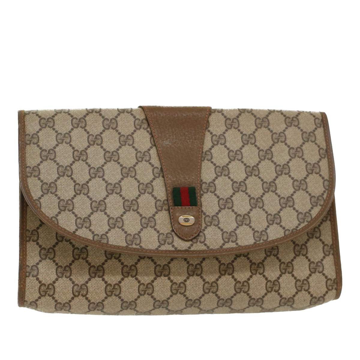 GUCCI GG Canvas Web Sherry Line Clutch Bag Beige Red Green 89.01.031 Auth ki3202