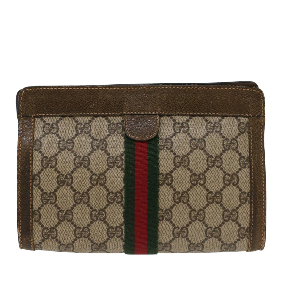 GUCCI GG Canvas Web Sherry Line Clutch Bag Beige Red 67.014.2125 Auth ki3236