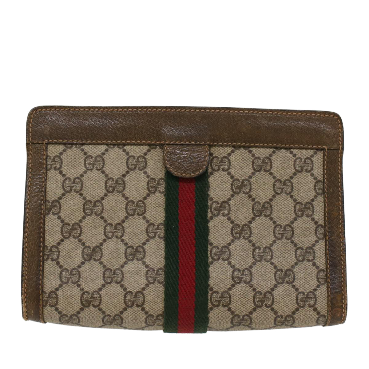 GUCCI GG Canvas Web Sherry Line Clutch Bag Beige Red 67.014.2125 Auth ki3236 - 0