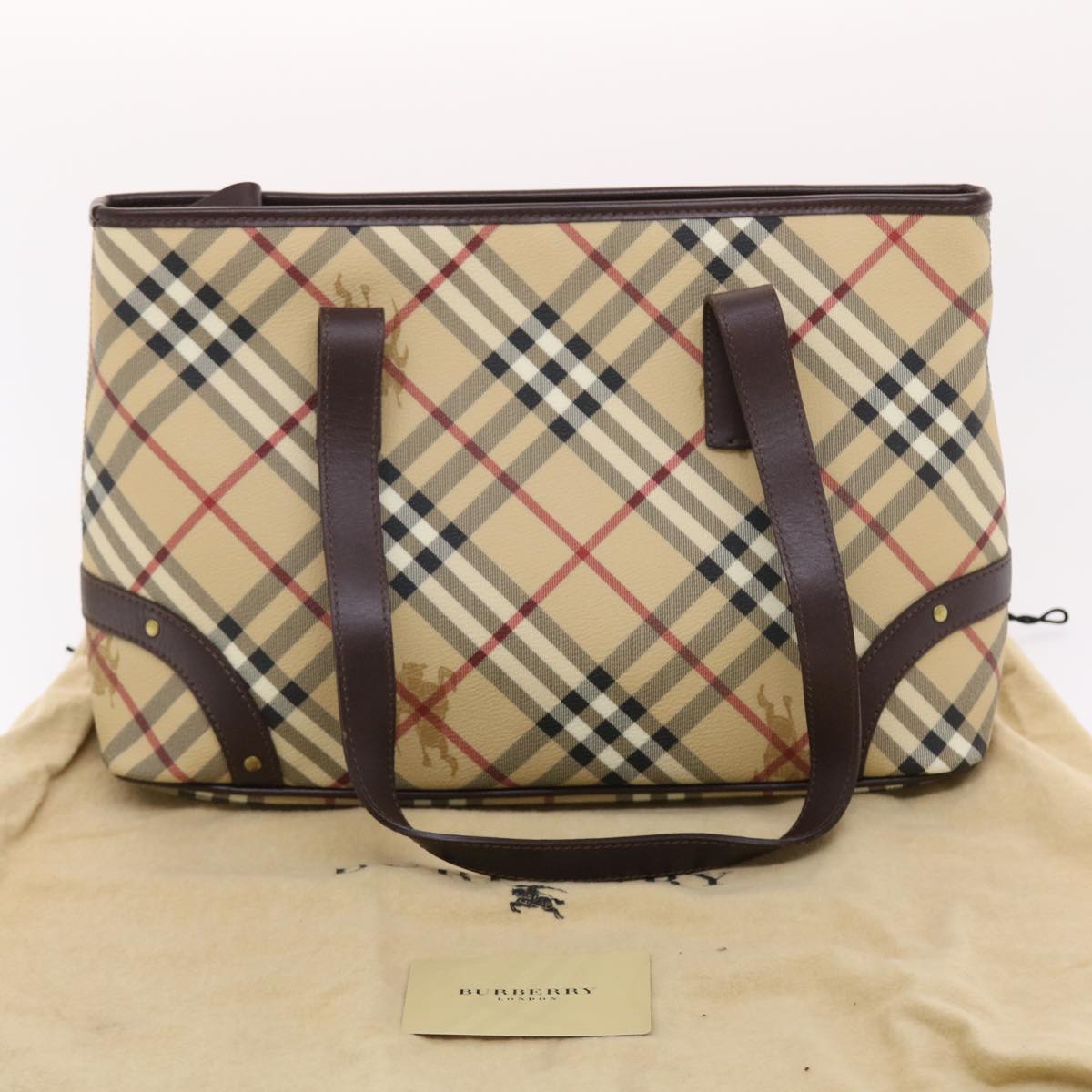 BURBERRY Nova Check Hand Bag PVC Leather Beige Auth ki3277