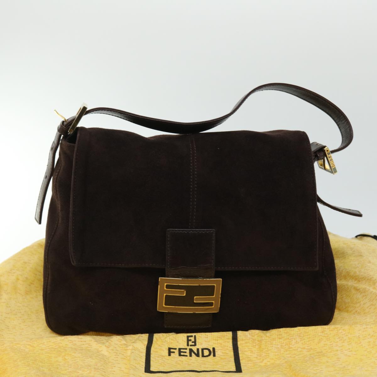 FENDI Mamma Baguette Shoulder Bag Suede Brown Auth ki3319