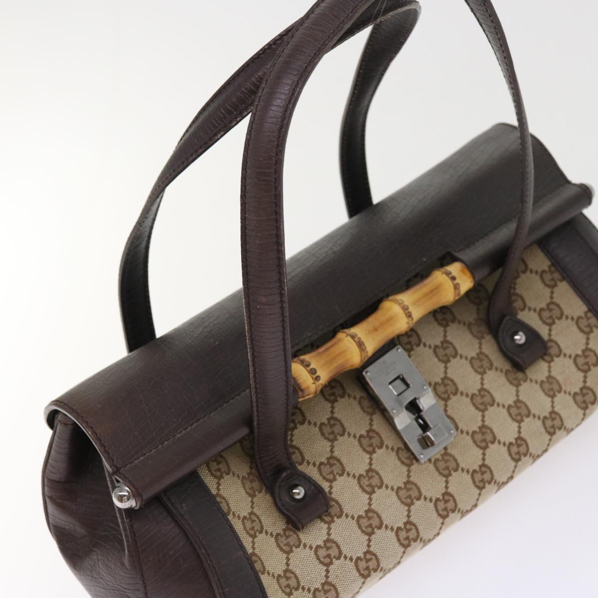 GUCCI GG Canvas Bamboo Hand Bag Beige 111713 Auth ki3323