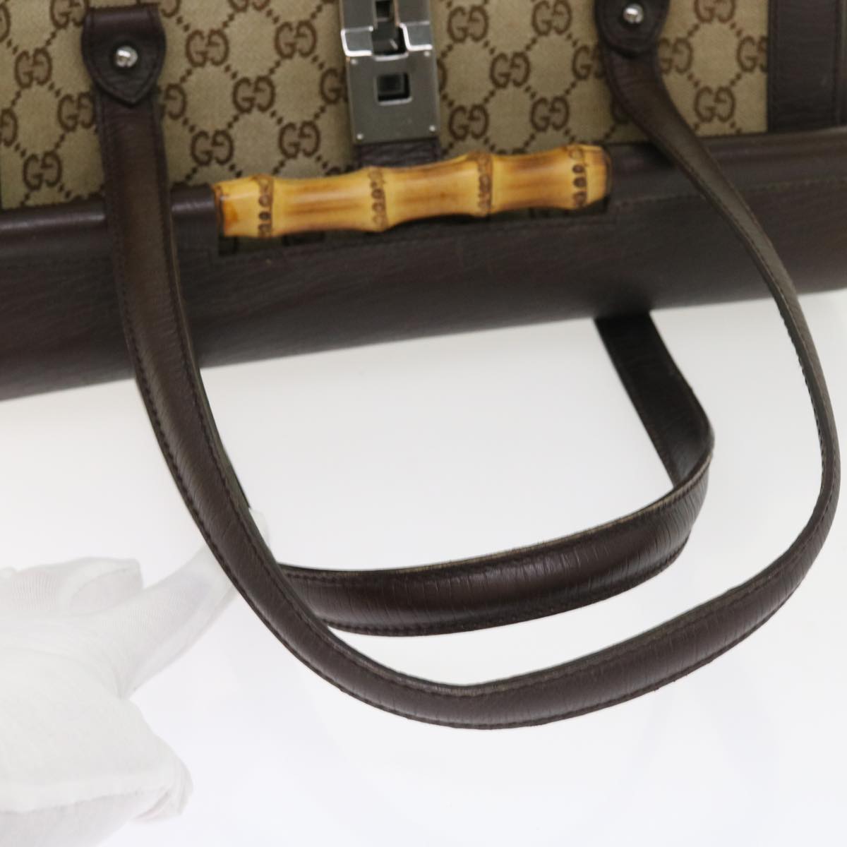 GUCCI GG Canvas Bamboo Hand Bag Beige 111713 Auth ki3323