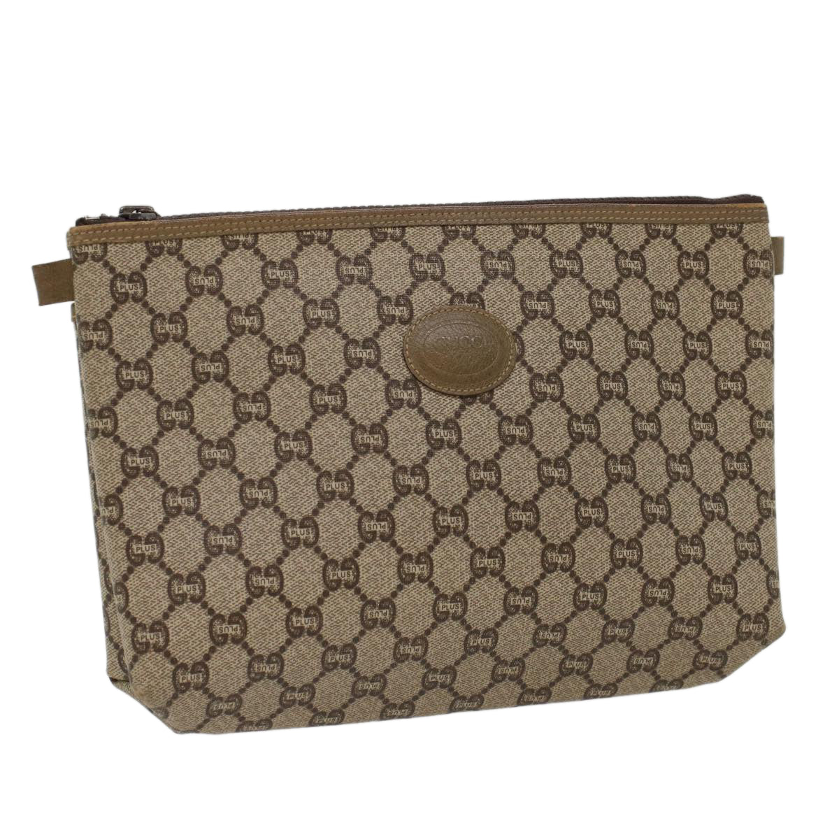 GUCCI GG PLUS Canvas Clutch Bag PVC Leather Beige Auth ki3327