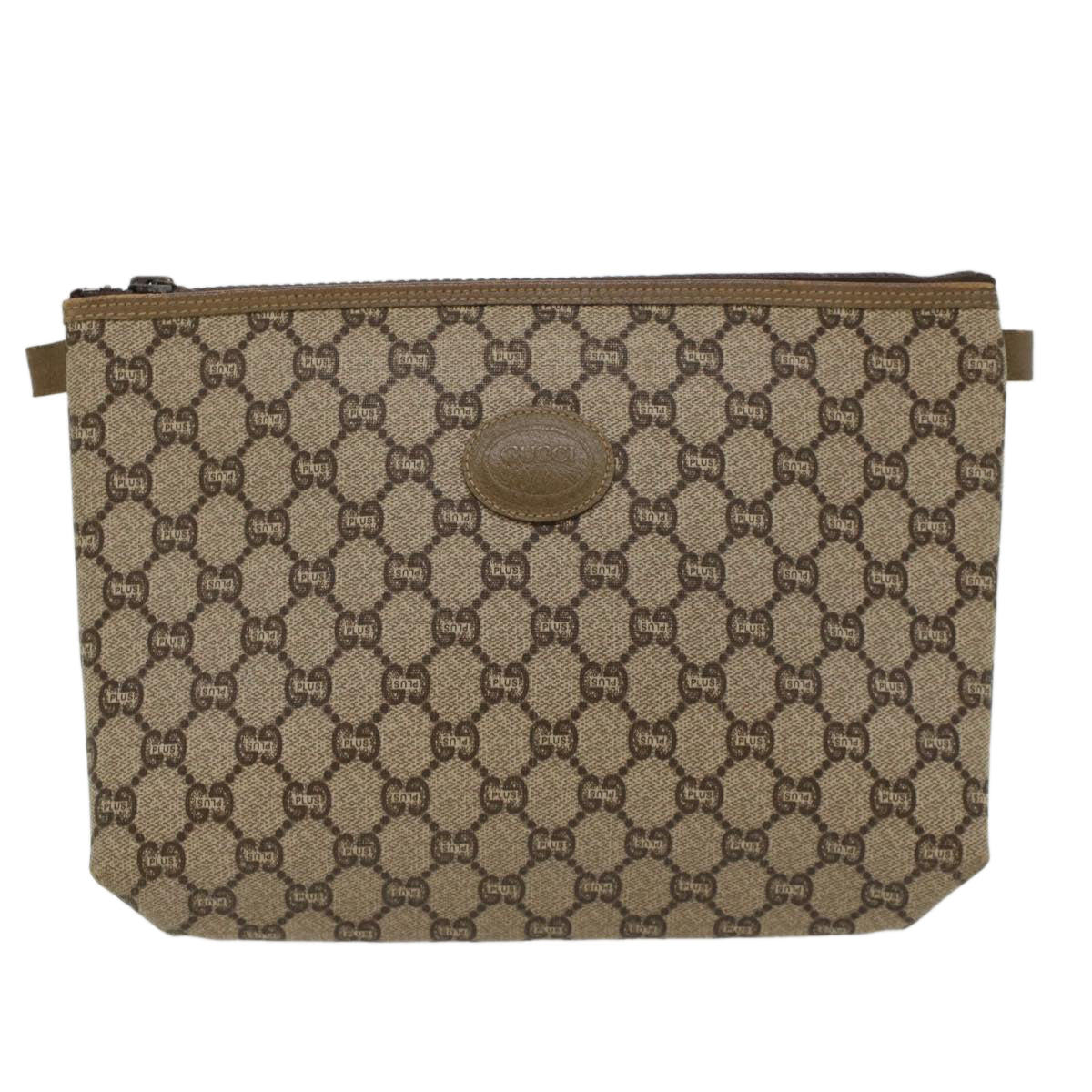 GUCCI GG PLUS Canvas Clutch Bag PVC Leather Beige Auth ki3327