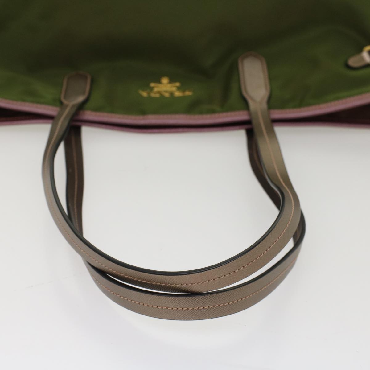 PRADA Tote Bag Nylon Leather Khaki Auth ki3338