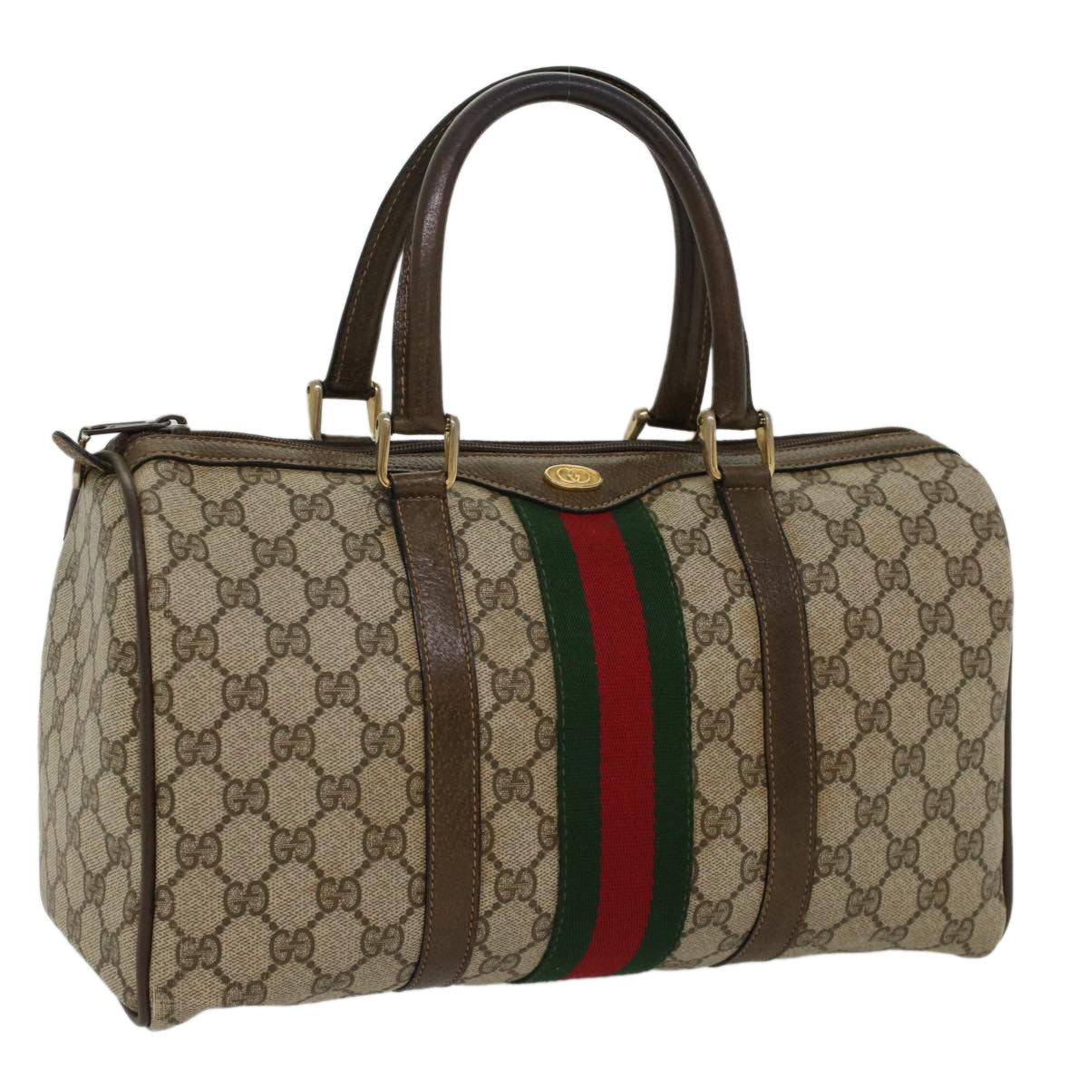 GUCCI GG Canvas Web Sherry Line Boston Bag PVC Leather Beige Green Auth ki3376