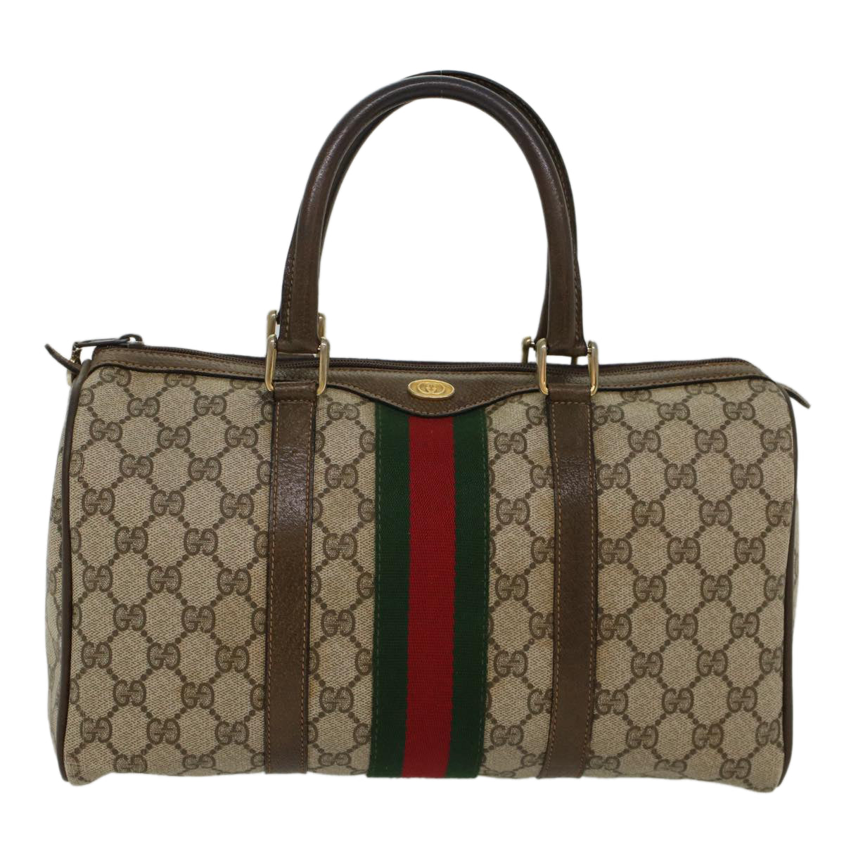 GUCCI GG Canvas Web Sherry Line Boston Bag PVC Leather Beige Green Auth ki3376