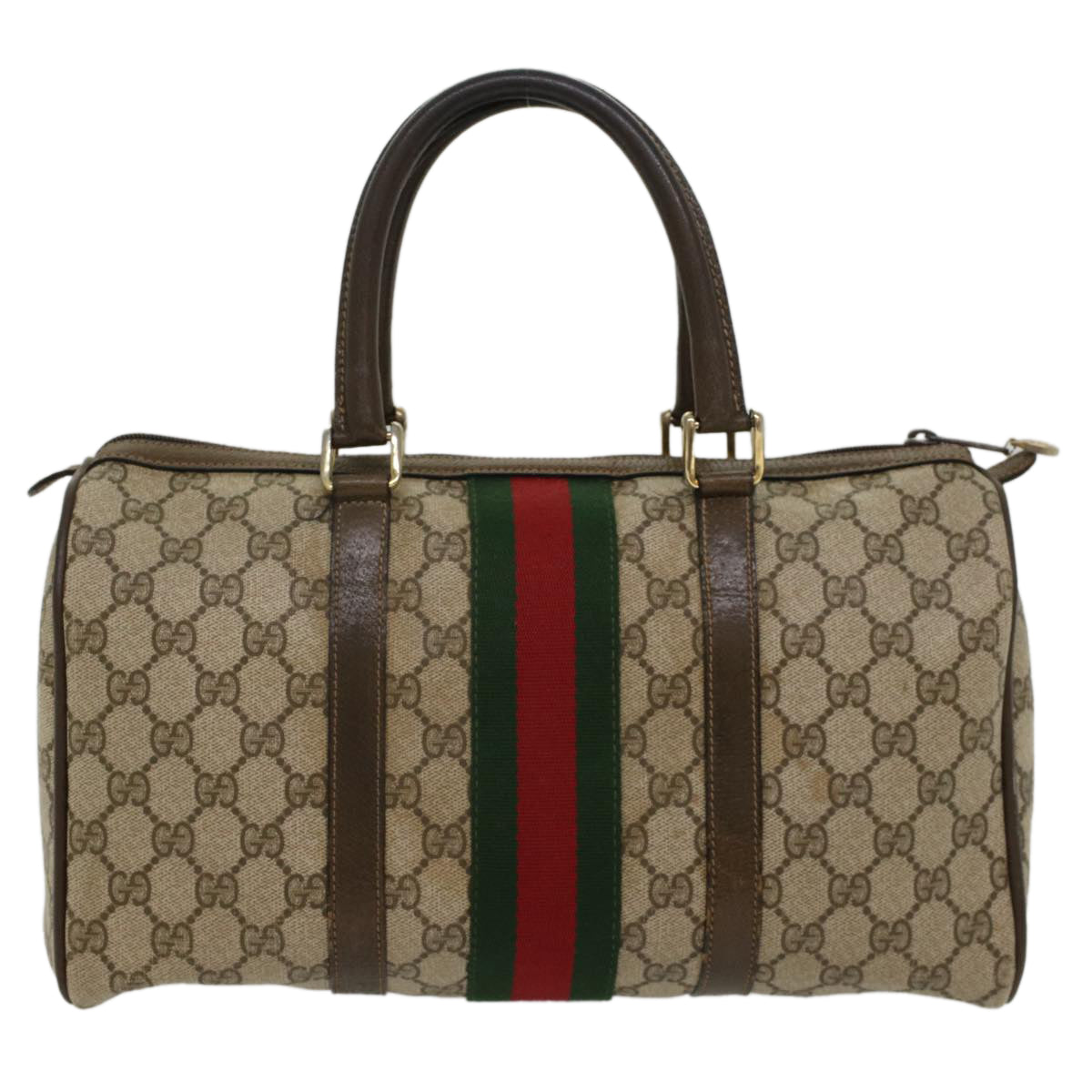 GUCCI GG Canvas Web Sherry Line Boston Bag PVC Leather Beige Green Auth ki3376 - 0