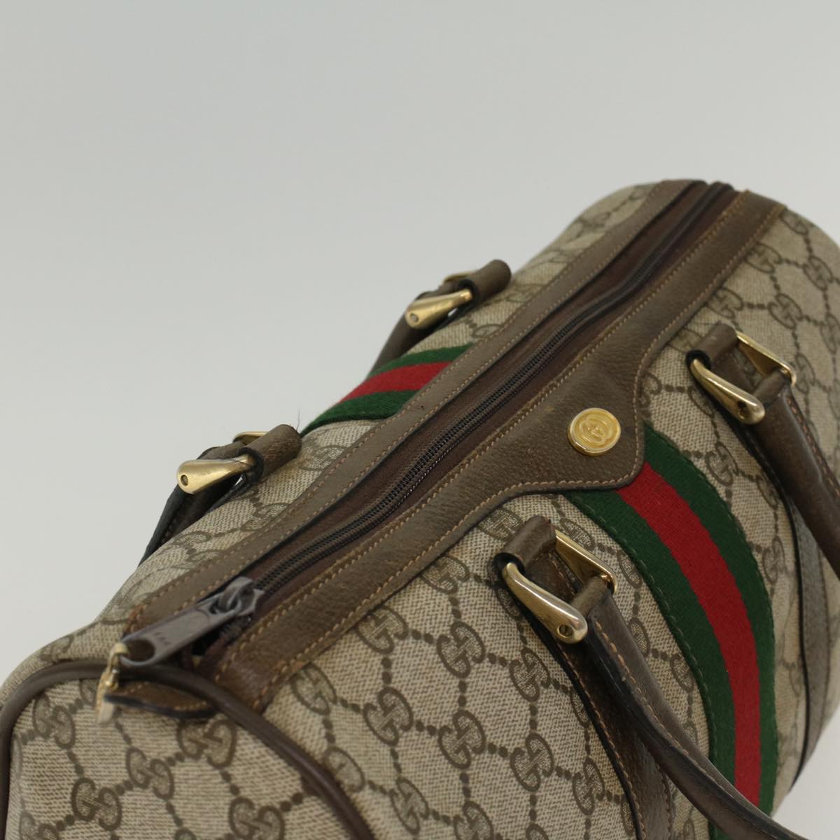 GUCCI GG Canvas Web Sherry Line Boston Bag PVC Leather Beige Green Auth ki3376