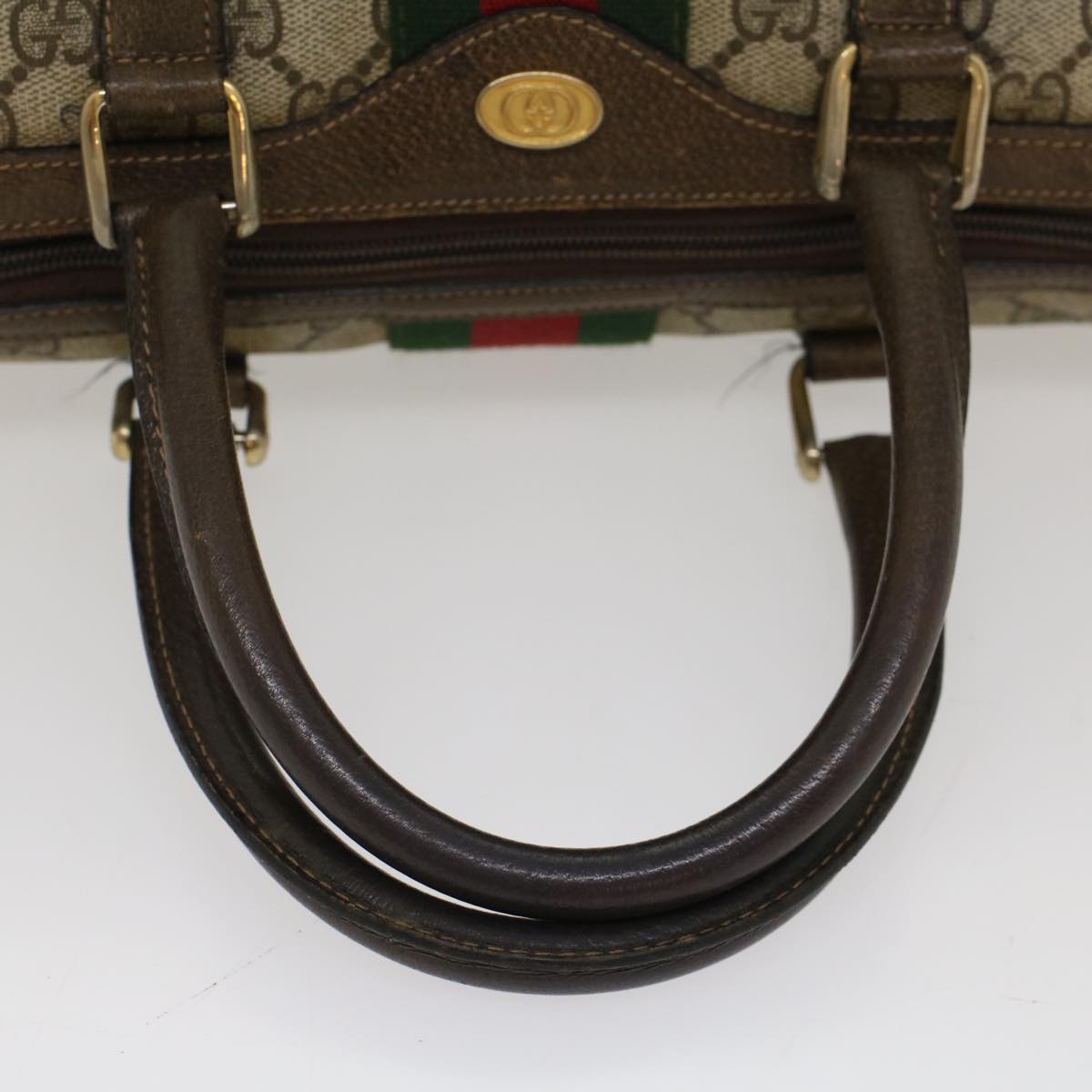 GUCCI GG Canvas Web Sherry Line Boston Bag PVC Leather Beige Green Auth ki3376