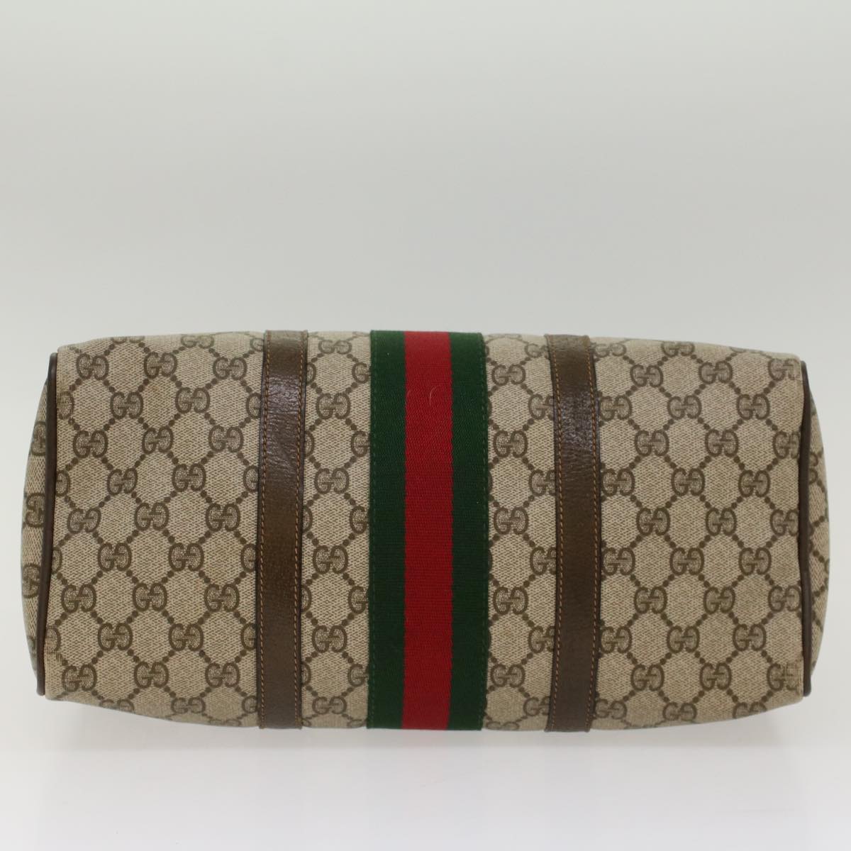 GUCCI GG Canvas Web Sherry Line Boston Bag PVC Leather Beige Green Auth ki3376