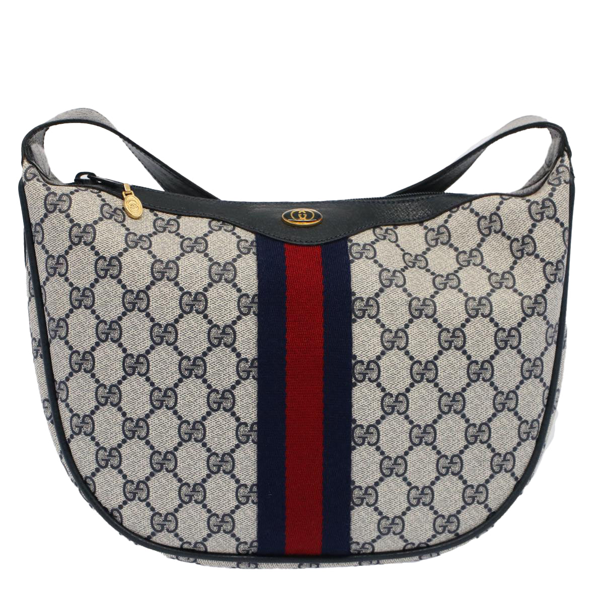 GUCCI GG Canvas Sherry Line Shoulder Bag PVC Leather Gray Navy Red Auth ki3382