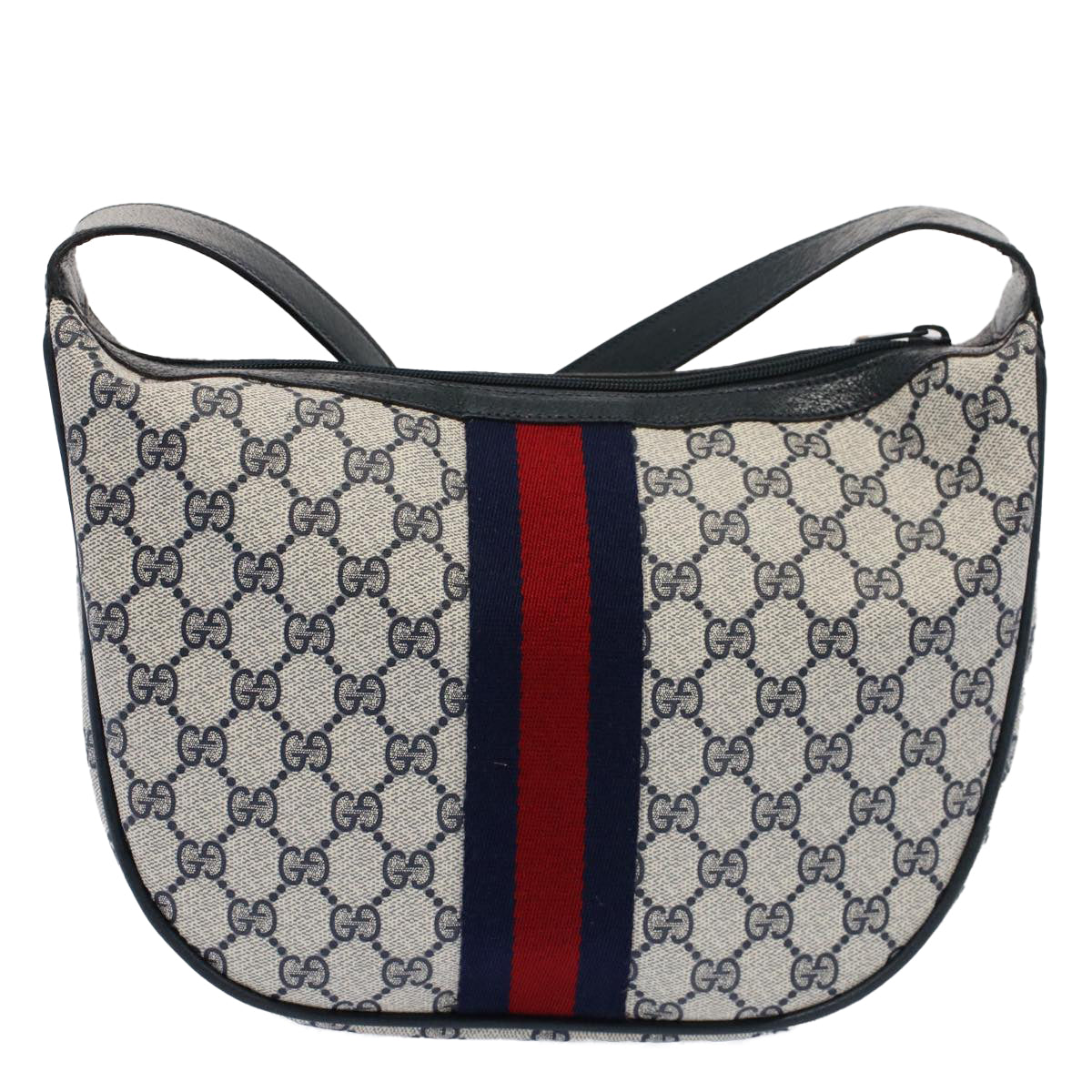 GUCCI GG Canvas Sherry Line Shoulder Bag PVC Leather Gray Navy Red Auth ki3382 - 0