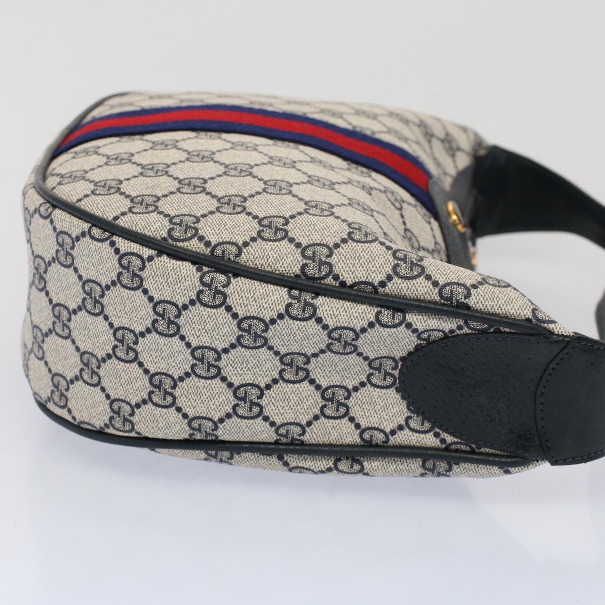 GUCCI GG Canvas Sherry Line Shoulder Bag PVC Leather Gray Navy Red Auth ki3382