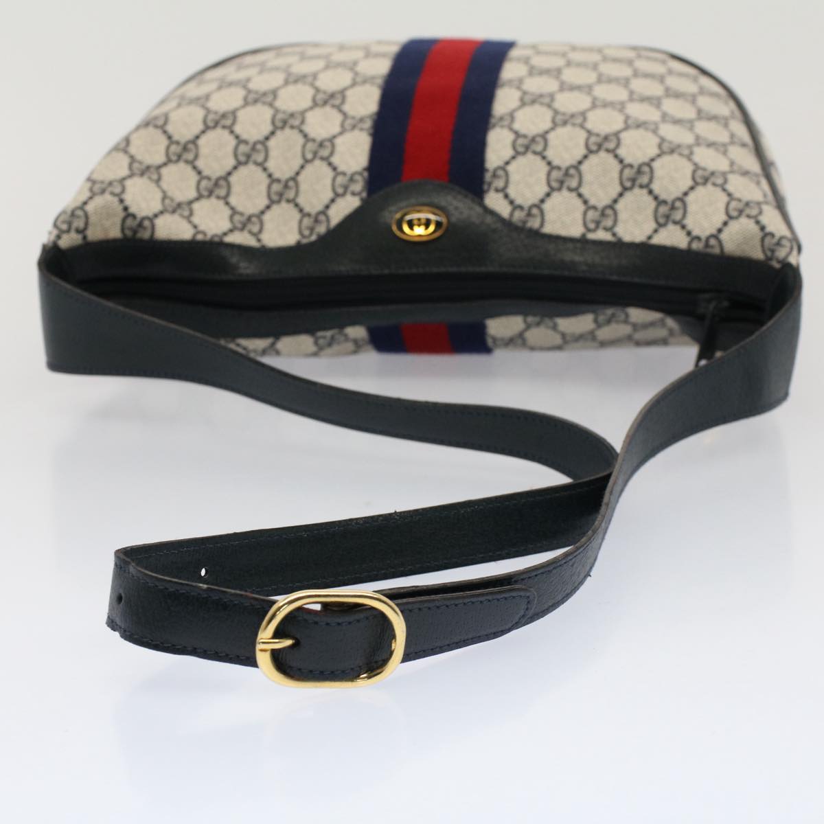 GUCCI GG Canvas Sherry Line Shoulder Bag PVC Leather Gray Navy Red Auth ki3382