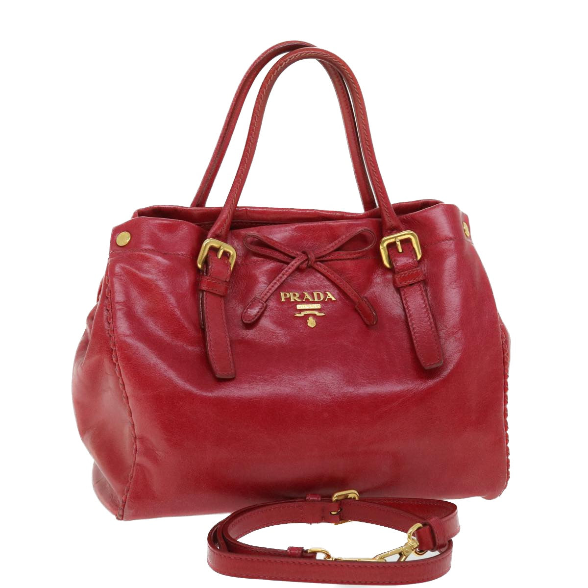 PRADA Tote Bag Leather 2way Red Auth ki3385