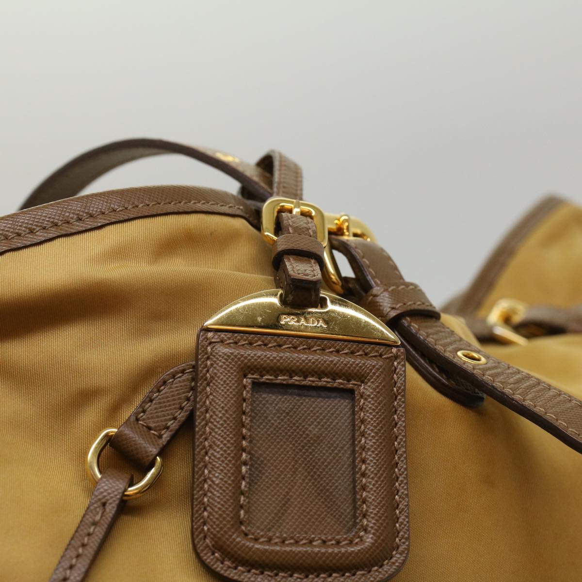 PRADA Tote Bag Nylon Leather Beige Yellow Auth ki3391