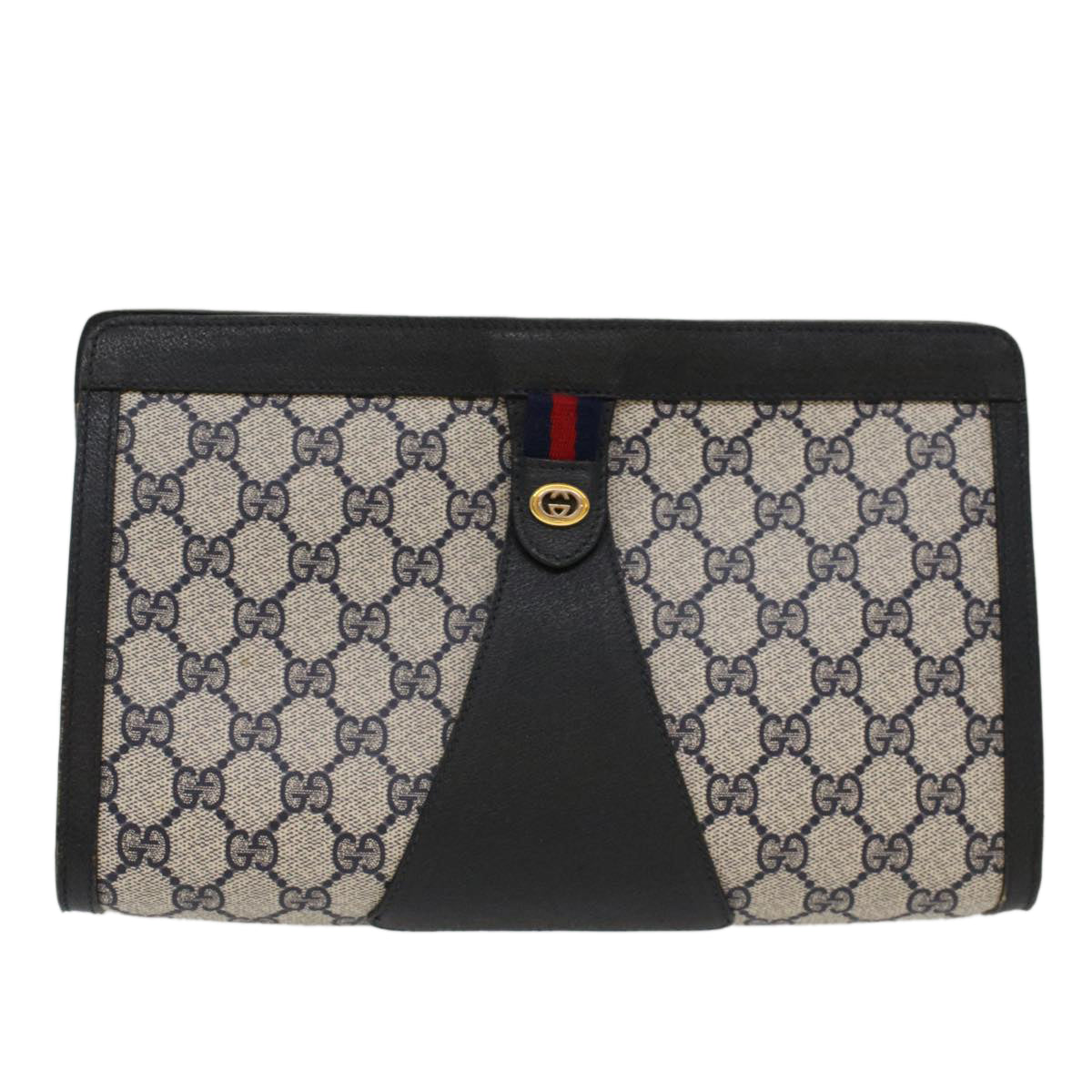 GUCCI GG Canvas Sherry Line Clutch Bag PVC Leather Gray Navy Red Auth ki3402