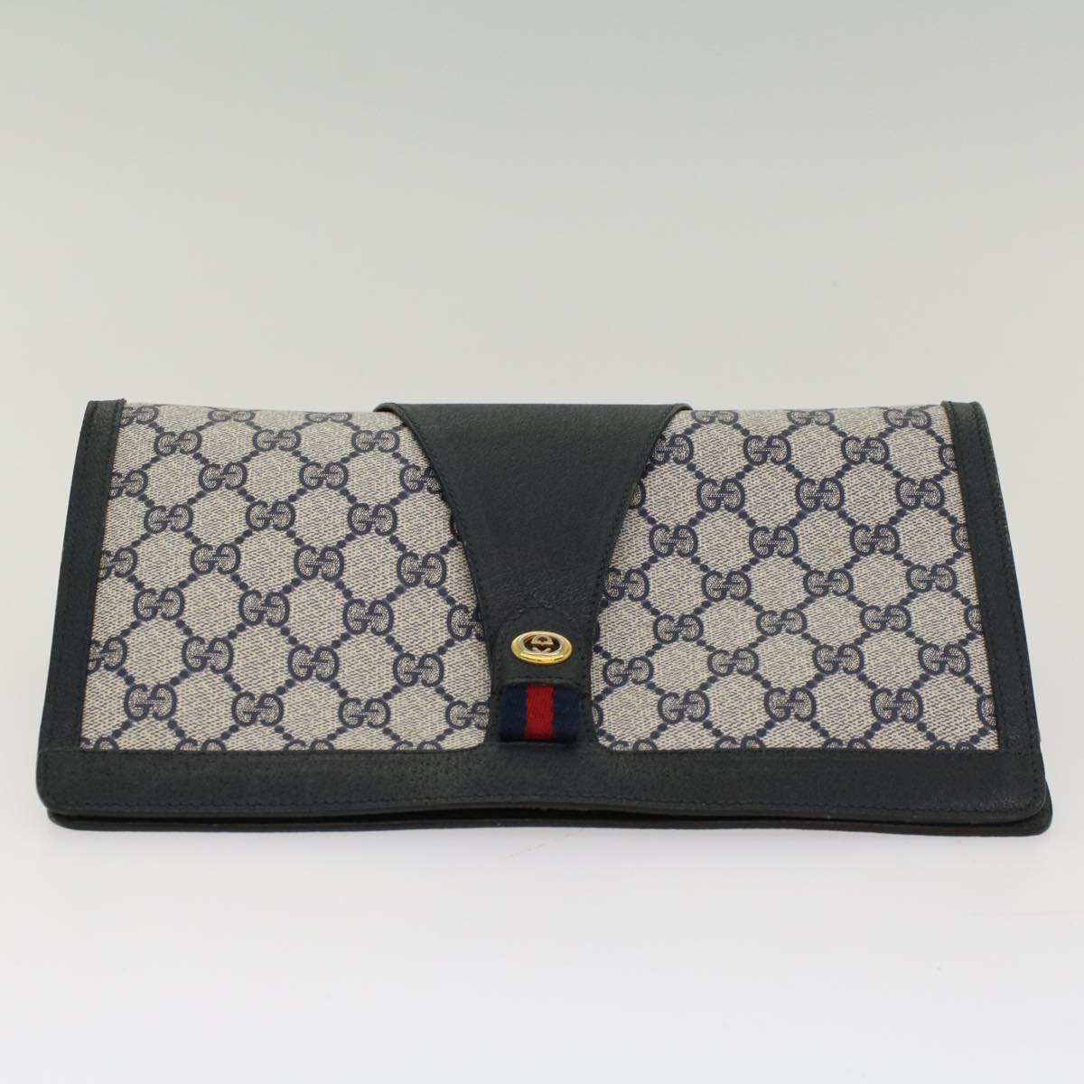 GUCCI GG Canvas Sherry Line Clutch Bag PVC Leather Gray Navy Red Auth ki3402