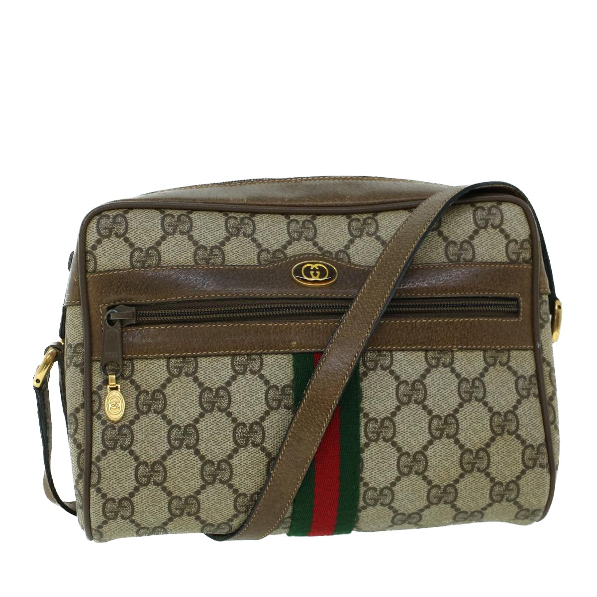 GUCCI GG Canvas Web Sherry Line Shoulder Bag PVC Leather Beige Green Auth ki3425