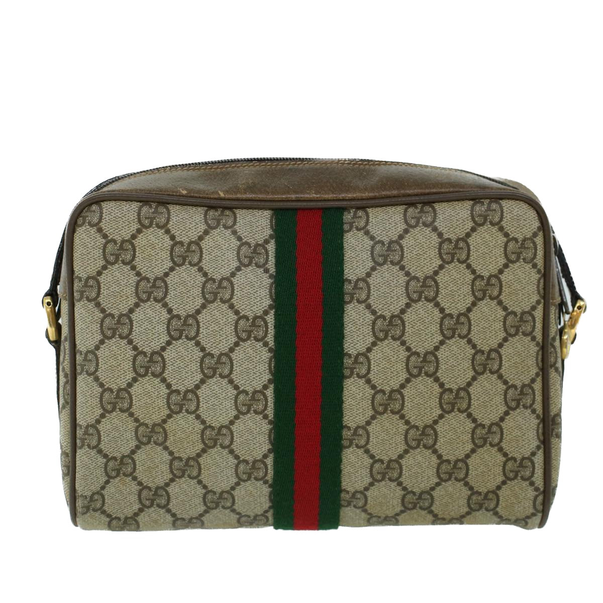 GUCCI GG Canvas Web Sherry Line Shoulder Bag PVC Leather Beige Green Auth ki3425 - 0