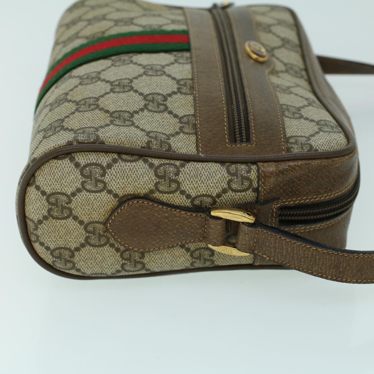 GUCCI GG Canvas Web Sherry Line Shoulder Bag PVC Leather Beige Green Auth ki3425