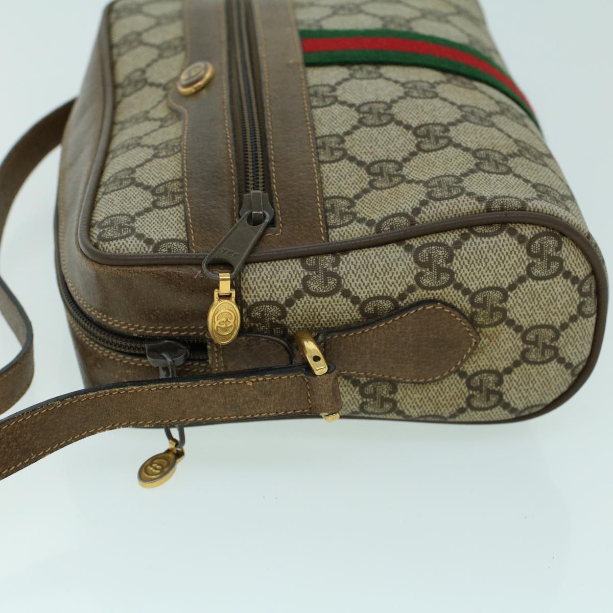 GUCCI GG Canvas Web Sherry Line Shoulder Bag PVC Leather Beige Green Auth ki3425