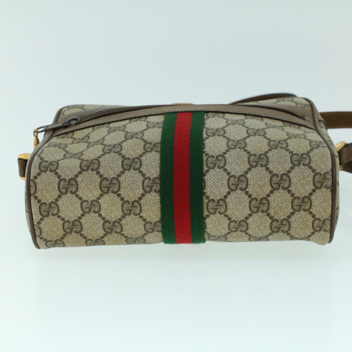 GUCCI GG Canvas Web Sherry Line Shoulder Bag PVC Leather Beige Green Auth ki3425