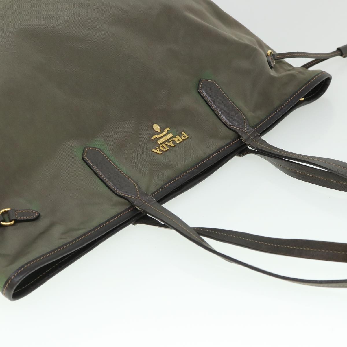 PRADA Tote Bag Nylon Leather Khaki Auth ki3477
